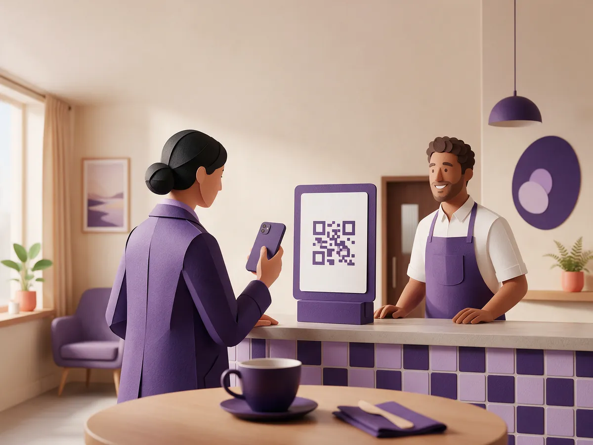 A customer at the counter of a local business pointing their phone at the sign-up code on a counter sign, while the person serving looks on.