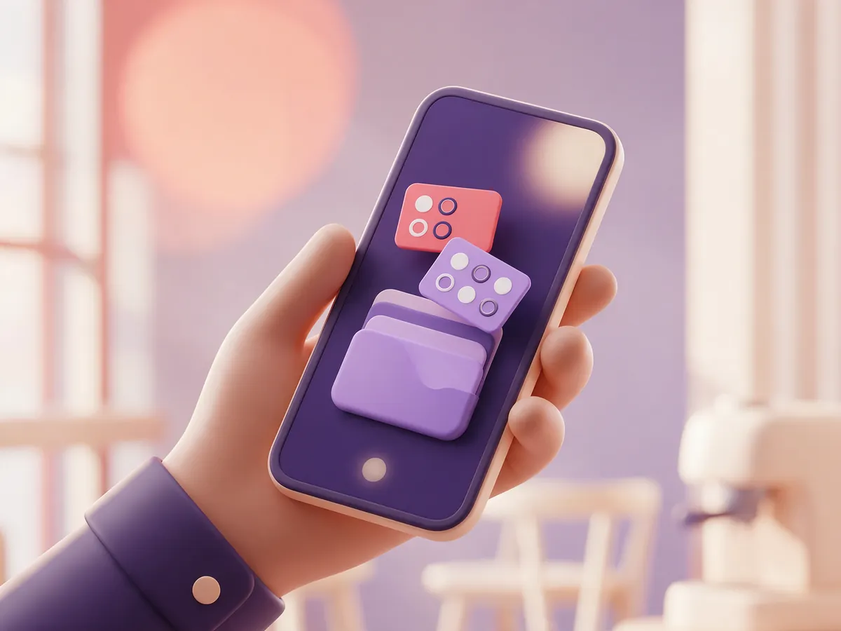 A hand holding up a phone, with a loyalty card dropping into the wallet on its screen.