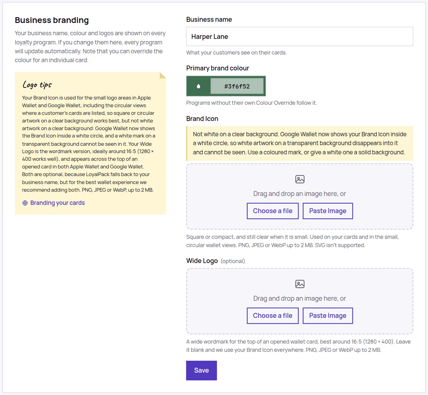 The Business branding section of Settings: a Business name field, a Primary brand colour in dark green, and two upload areas stacked one above the other, Brand Icon then Wide Logo (optional). A yellow note above the Brand Icon warns against white artwork on a clear background.