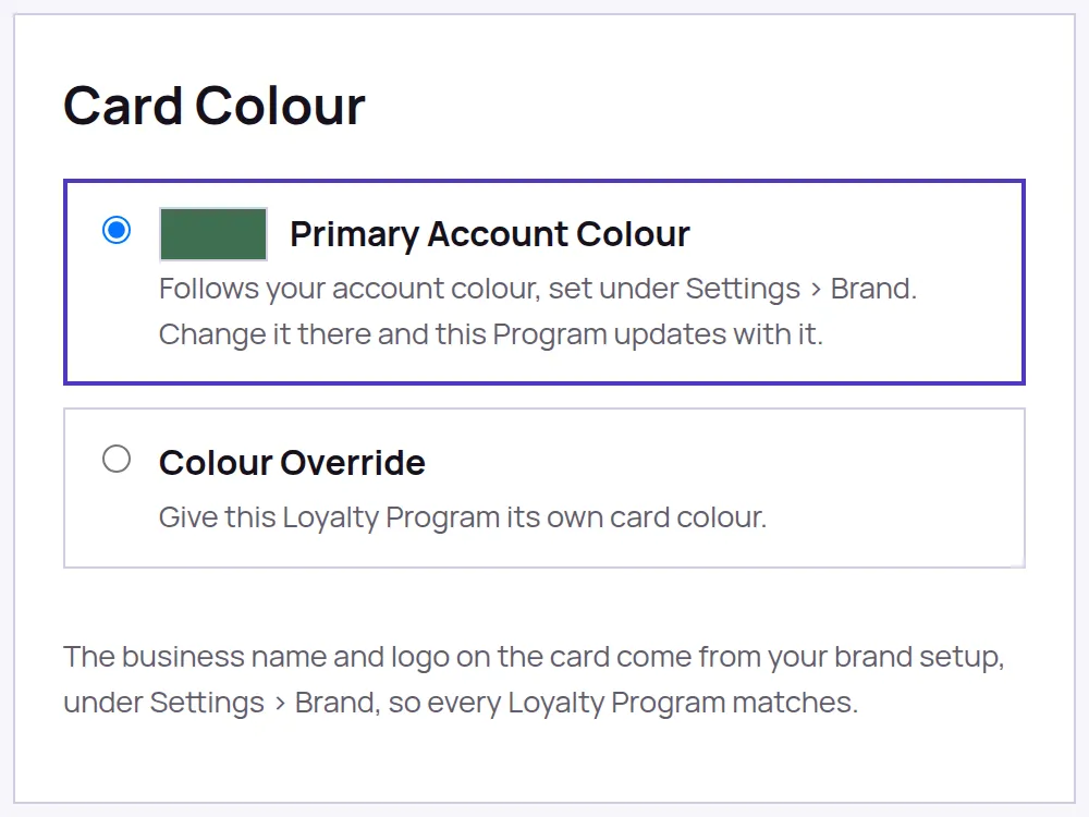 The Card Colour section of Card Design, offering Primary Account Colour, which is selected and shows a green swatch, or Colour Override.