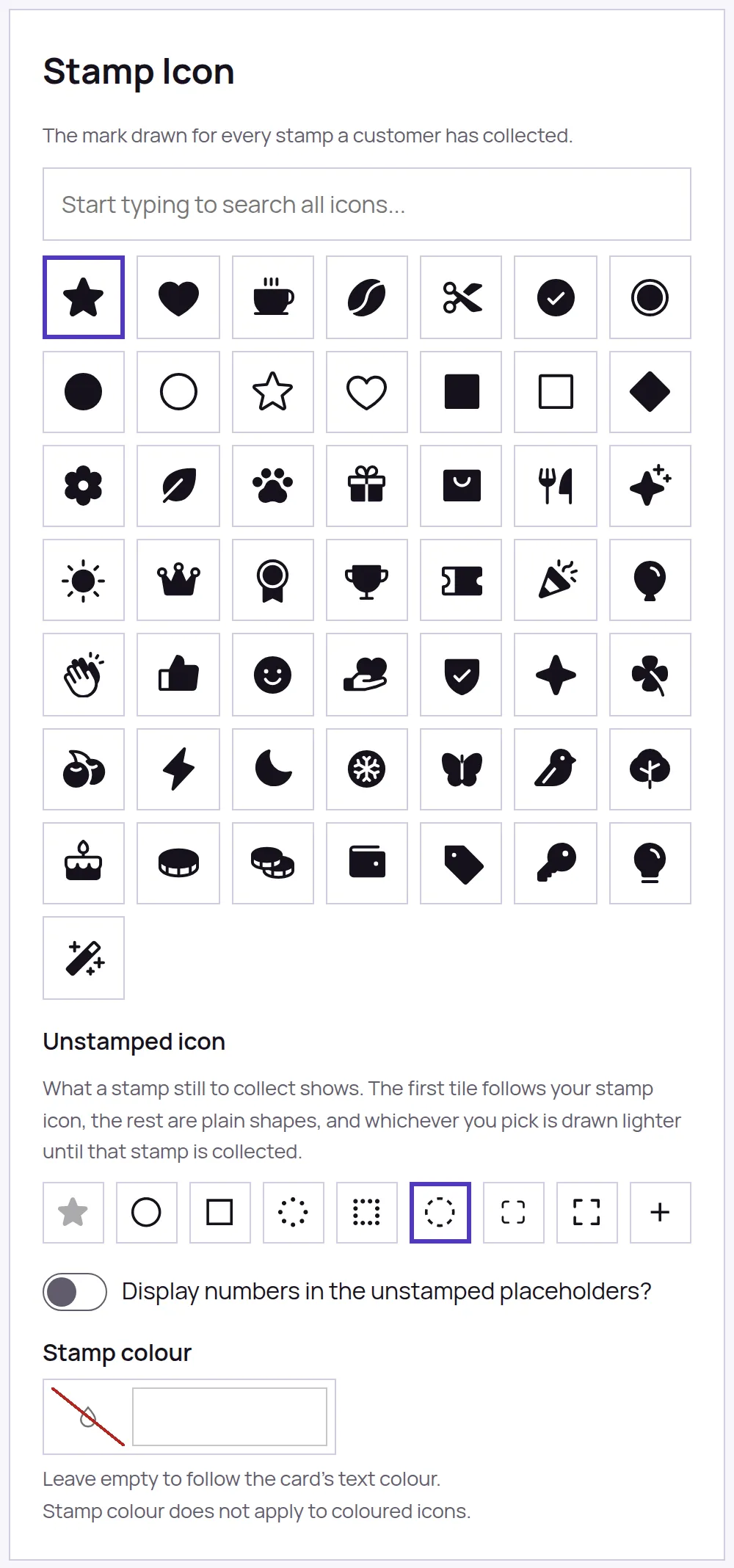 The Stamp Icon section of Card Design: a search box, a grid of fifty marks with a star selected, an Unstamped icon row with a dashed circle selected, and a Stamp colour control left empty.