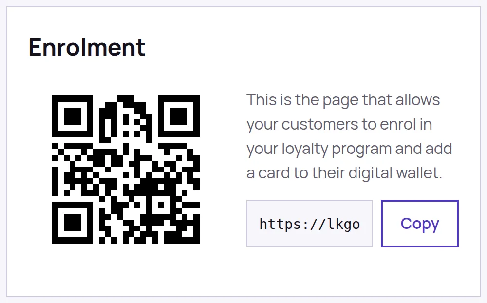 The Enrolment panel on a Program Overview: the QR code on the left, and beside it a line explaining what the code is above the sign-up link with a Copy button.