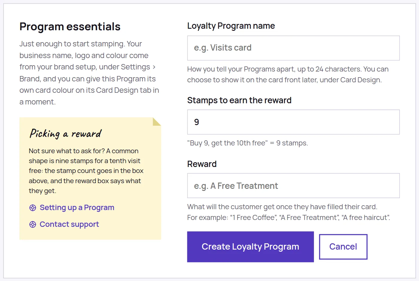 The Program essentials form, with fields for Loyalty Program name, Stamps to earn the reward set to 9, and Reward, above a Create Loyalty Program button.