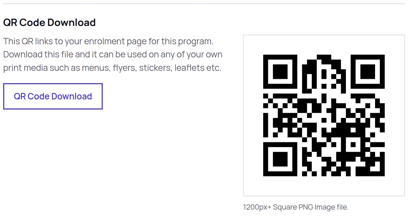 The QR Code Download section on a Program’s Resources tab: what the plain code is for, a QR Code Download button, and a preview of the code itself beside them.