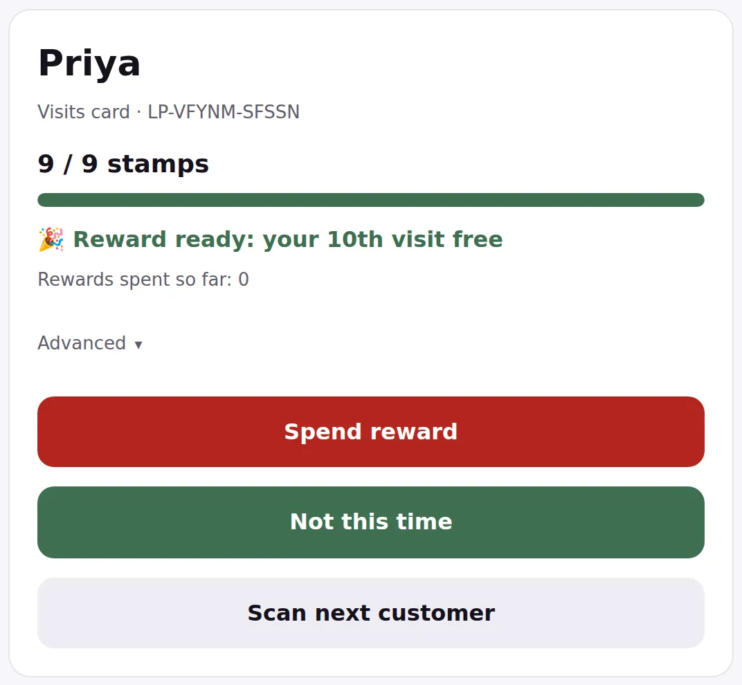 The counter app after reading a full card, showing the customer name Priya, a count of 9 of 9 stamps, a line saying the reward is ready, and buttons reading Spend reward and Not this time.